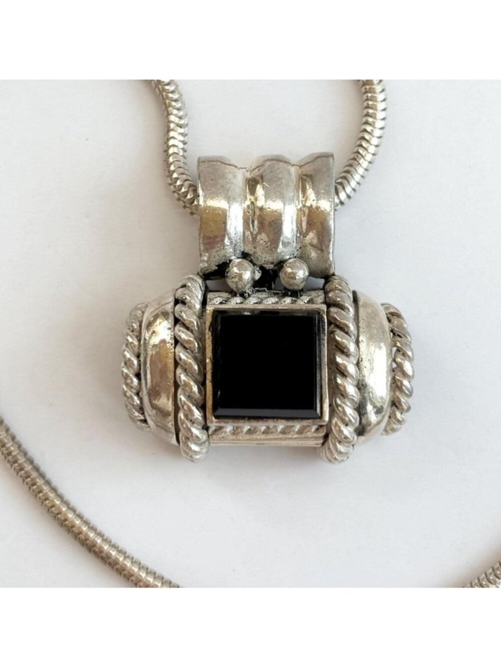 Black Onyx Rope Accented Sterling Silver 925 Vintage Pendant Necklace - 16"